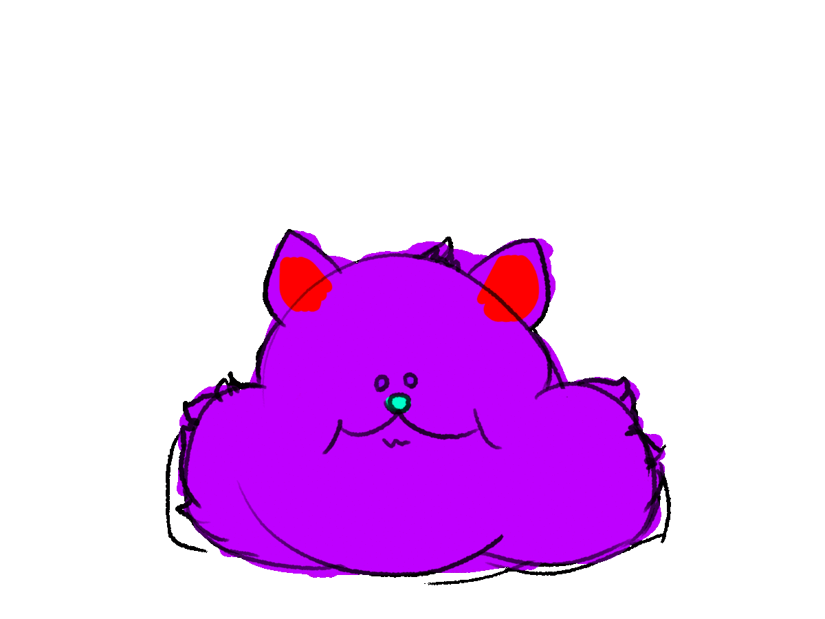 A purple cat head is squished down, then proceeds to enthusiastically fling its head forward and move its mouth indistinctly.