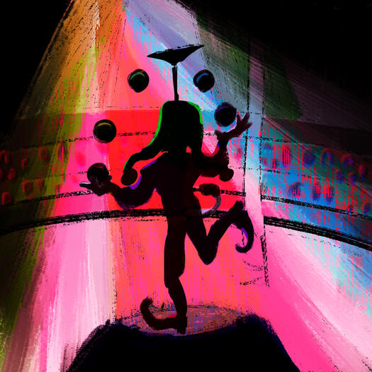 A jester is juggling while balancing a plate on a stick on his head and standing on one foot. The crowd is ominous