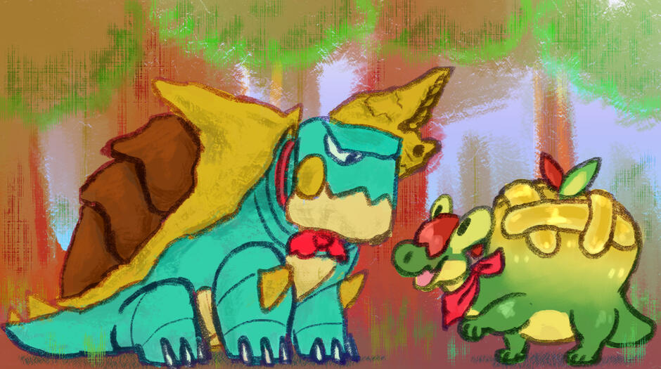 A drawing of a Drednaw and an Appletun from pokemon sitting together in a forest. They are wearing scarfs.