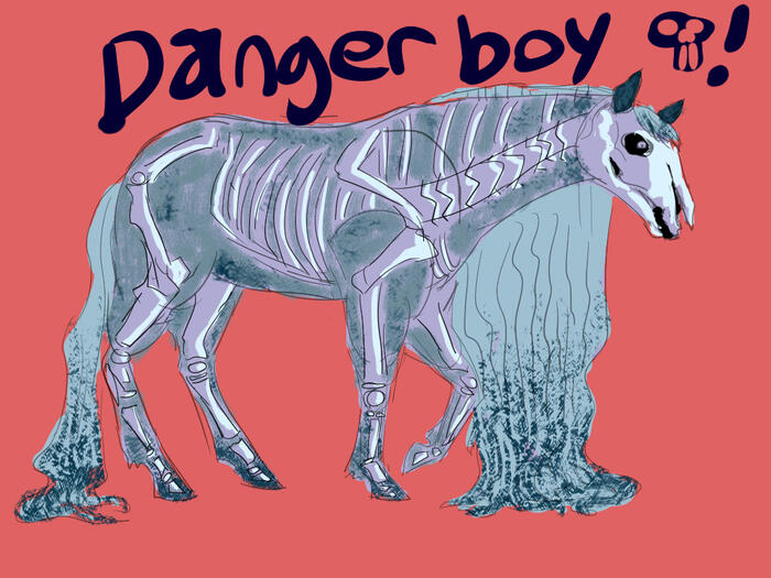An undead skeletal horse with a long mane and tail from the game Star Stables. The name reads &quot;Danger Boy!&quot;
