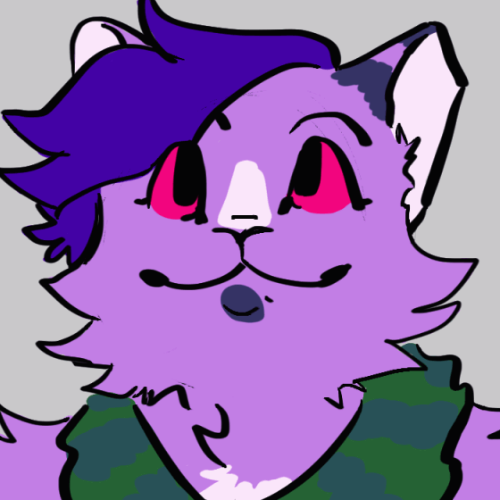 A purple cat with pink eyes is looking upwards, smiling, opening and closing her mouth