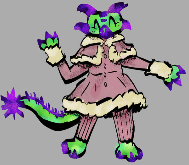 A green and purple ankylosaur is wearing a pink outfit with white fur trim