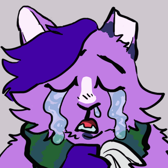 A purple cat with a scarf is looking downwards, talking, but tears and snot stream down her face